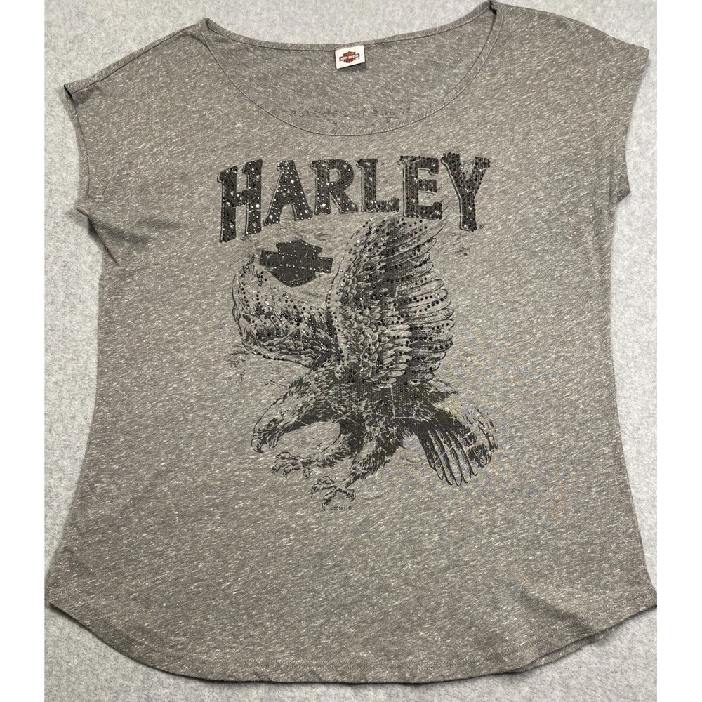 Harley Davidson/Bruce Rossmeyer's Scoop Shirt Rhinestones Eagle Grey Womens Sz M